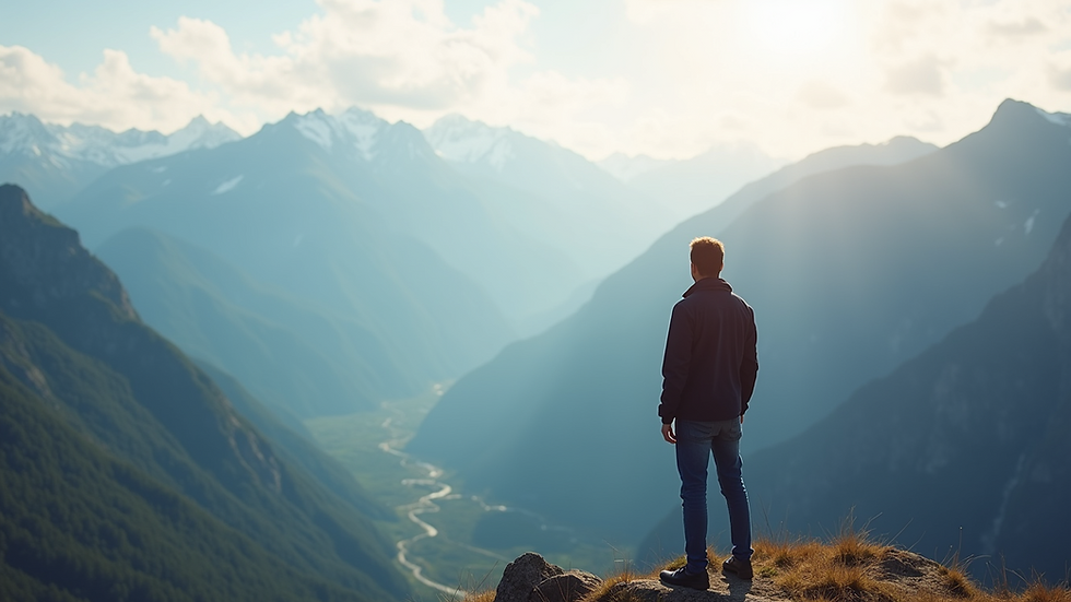 Eye-level view of a traveler standing at a scenic overlook with mountains in the background