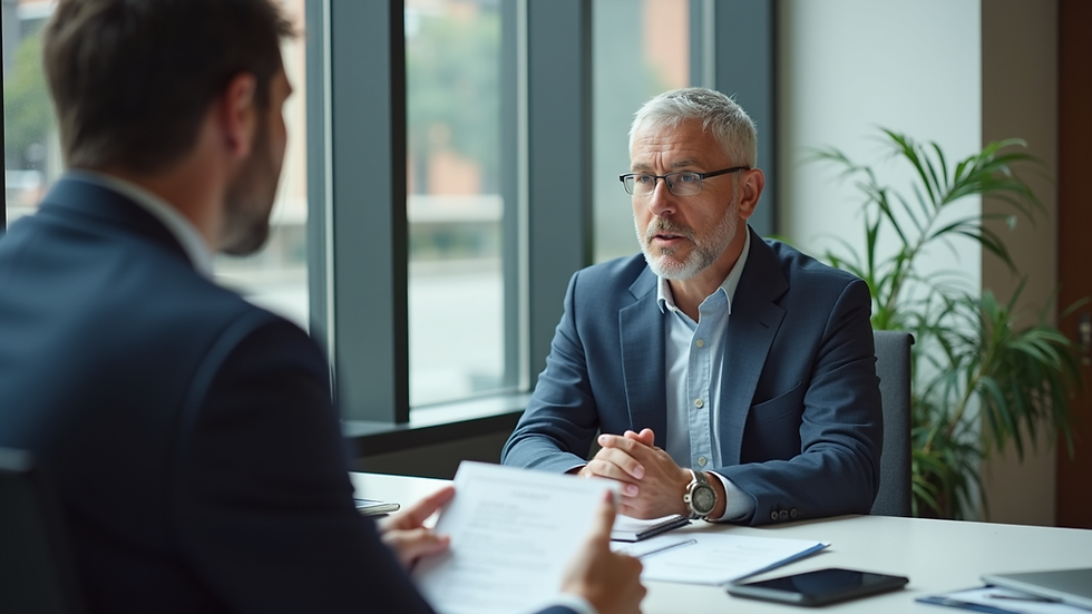 Eye-level view of a consultant discussing business strategy with a client in an office