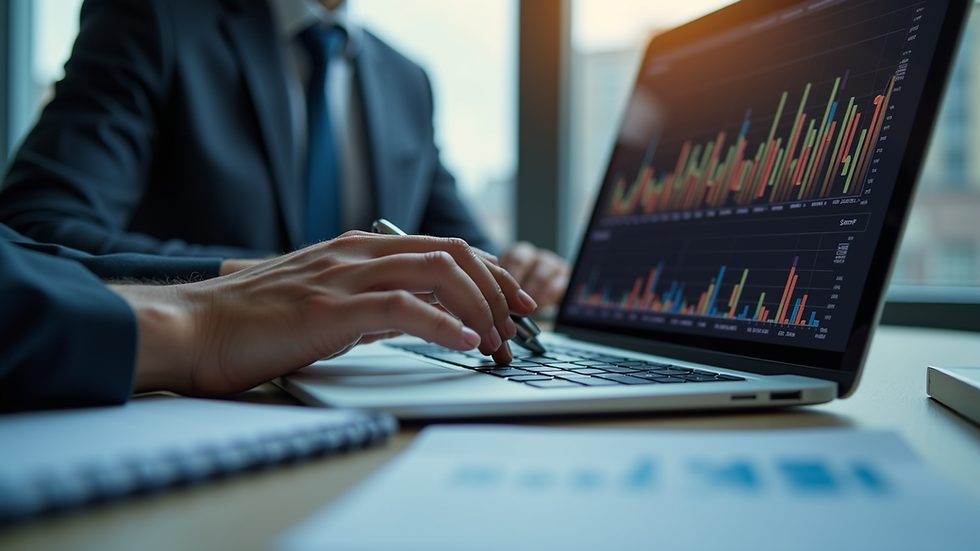Close-up view of a business meeting with financial charts on a laptop screen