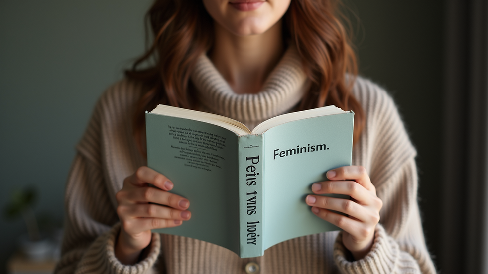 Close-up view of a woman holding a book titled "Feminism"