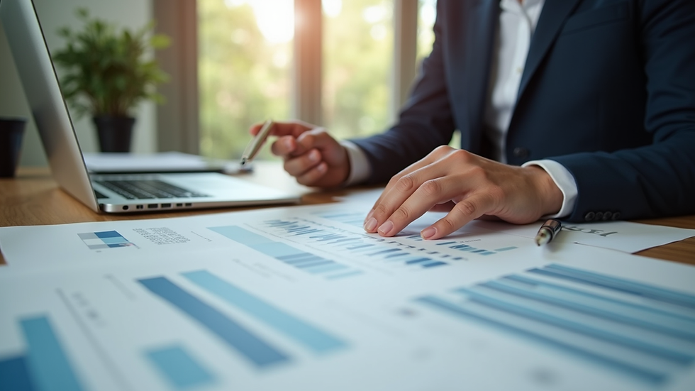 Eye-level view of a small business owner reviewing financial documents at a desk