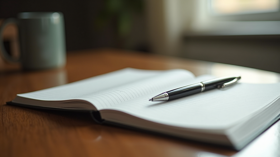 Close-up view of an open notebook and a pen on a wooden table