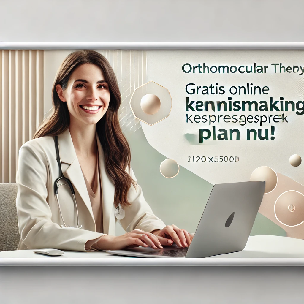 Banner voor orthomoleculaire therapie met een vrouwelijke therapeute achter een laptop, zachte pastelkleuren en de tekst 'Gratis Online Kennismakingsgesprek - Plan Nu!