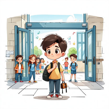 This image shows Aaron arriving at the new school, feeling a bit anxious but ready to face the day. It helps the viewer see h
