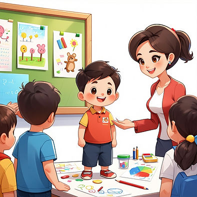 This image shows Aaron finding his classroom and meeting his teacher, Aaron understands the importance of asking for help and