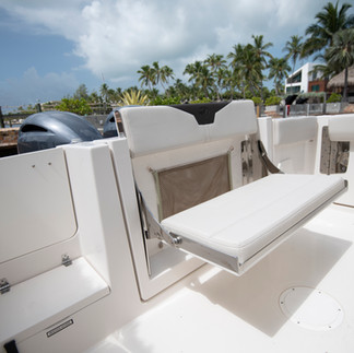 A view of the Stern of the 2026 Sailfish 272 CC with a view of the diving door, folding rear seat and palm trees in the background.