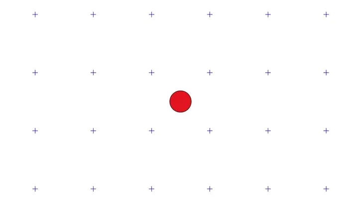2D artwork of a red dot on a background of blue crosses