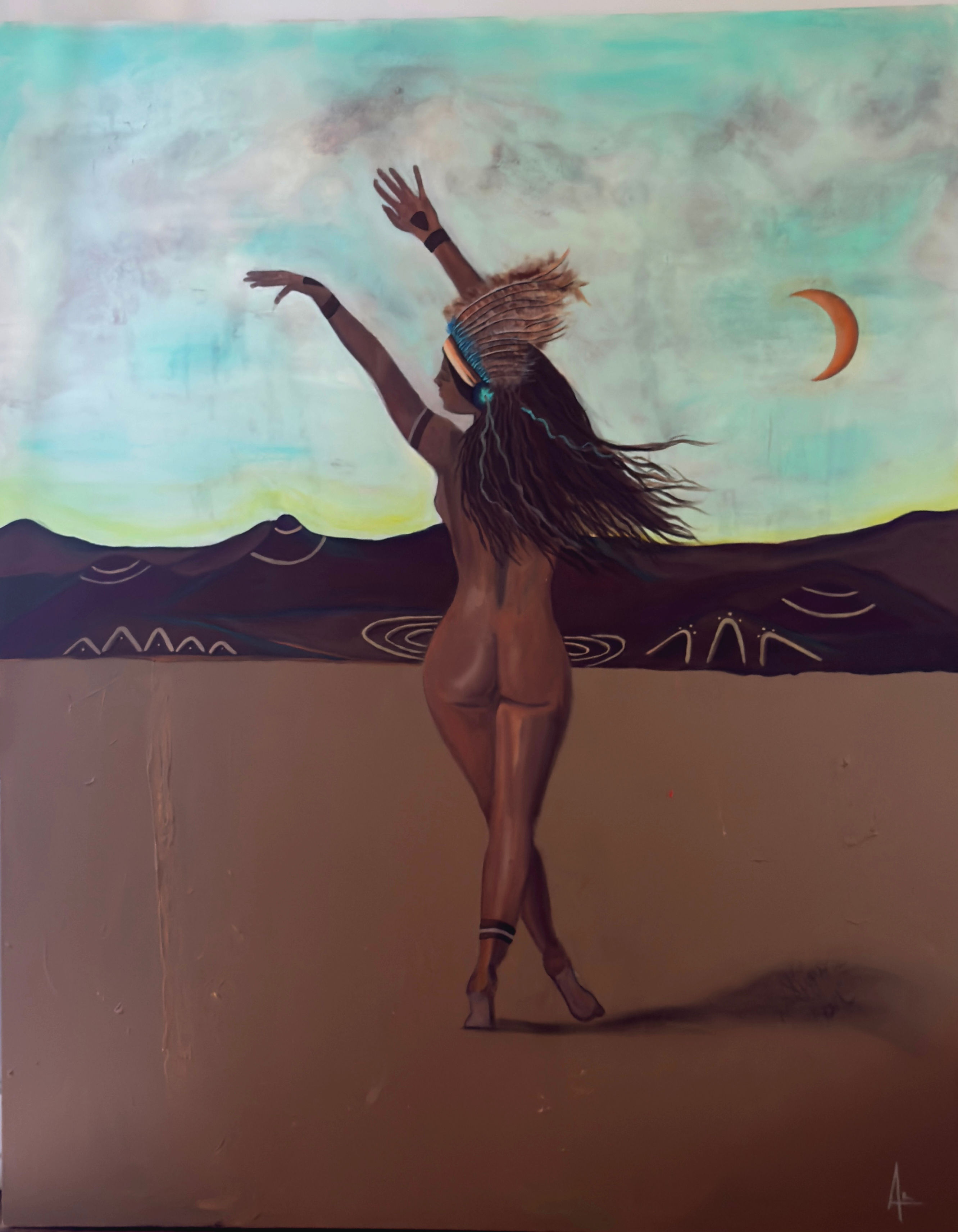 Original Amazonian goddess named Irawa, depicting a woman dancing freely in the desert beneath a crescent moon.
