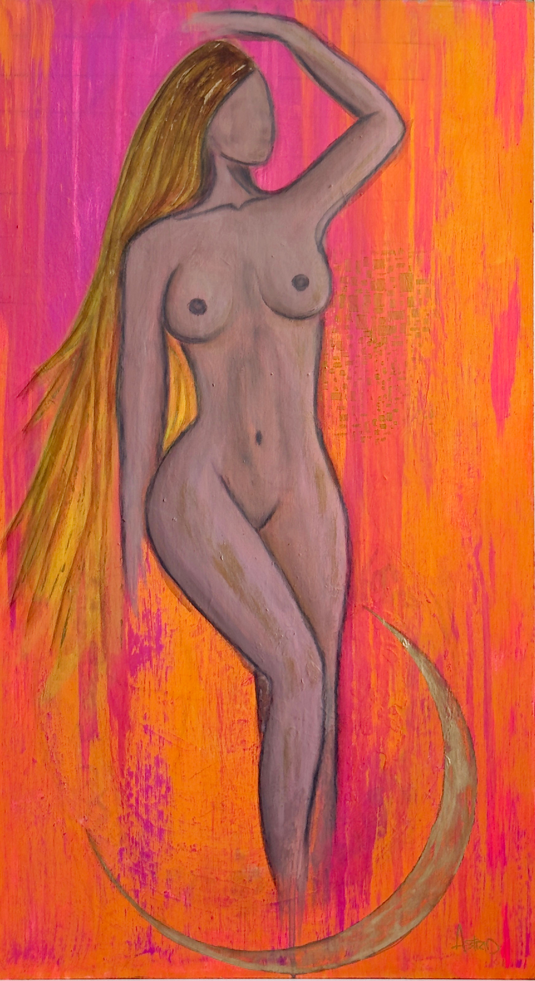 Original acrylic lunar goddess art titled Lucile, faceless, with golden hair and crescent moon