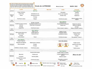 Menu de la cantine : Mars 2022