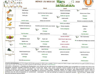 Menu de la cantine : Mars 2020