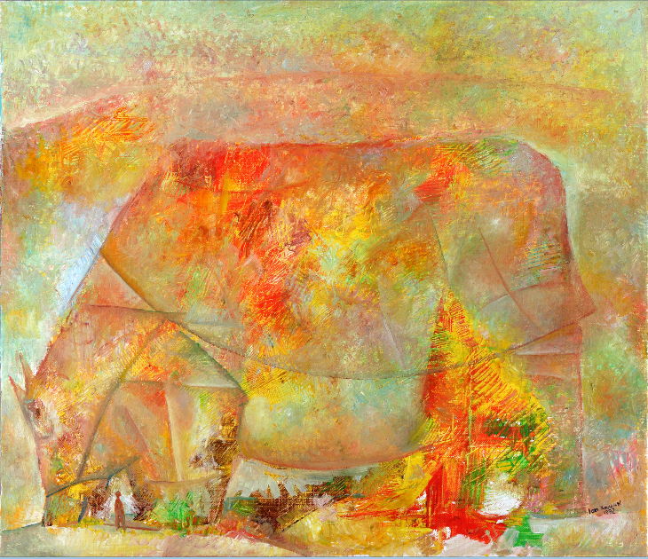 Bue bianco-grigio nella stalle 1997 mista su tela 71x75.png