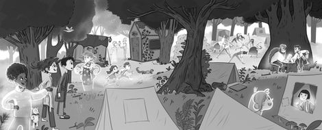 ghost camp art illustration pinch Perkins and the nightmare tree full spread Chloe Dominique Cathy Fitzgerald