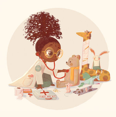 illustration of a child character playing pretend vet caring for toys Chloe Dominique 