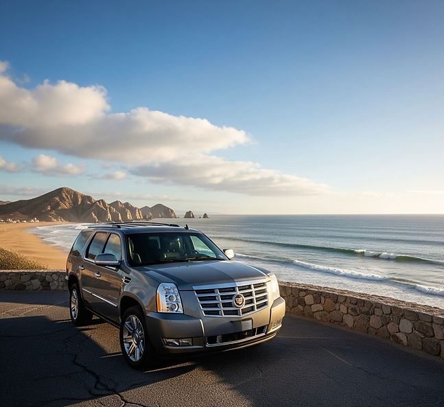 Silver Cadillac SUV parked near the ocean; PRIVATE TRANSPORTATION, sunny beach background