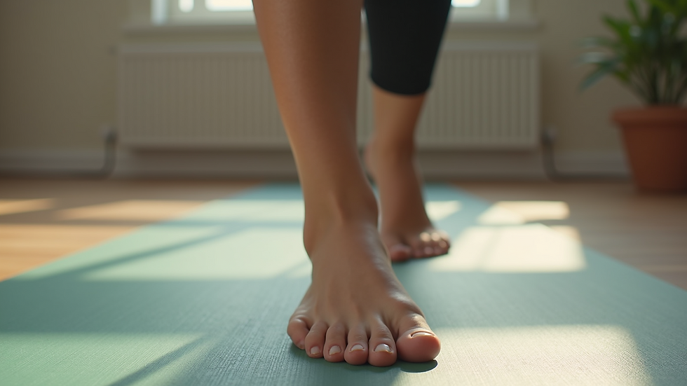 Close-up view of a person’s feet on a yoga mat during a grounding pose
