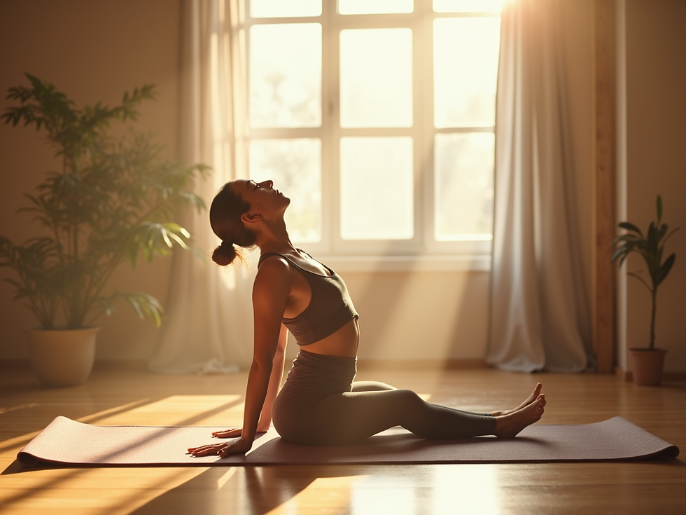 Woman practicing yoga on mat in sunlit room, performing a stretching pose. Warm light filters through large window, casting soft shadows.