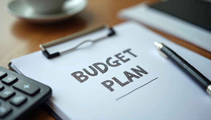 Close-up view of a notebook with a budget plan and calculator on a desk