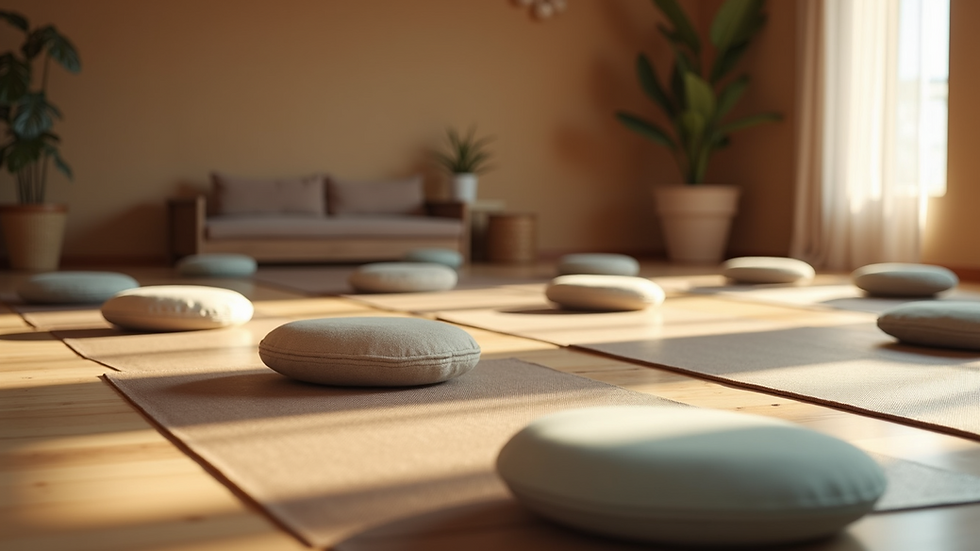 Eye-level view of a cozy yoga studio with mats and cushions arranged in a circle