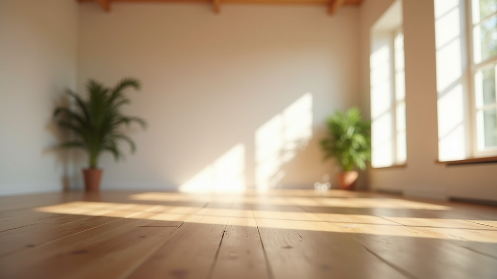 Eye-level view of a serene yoga studio with soft natural light