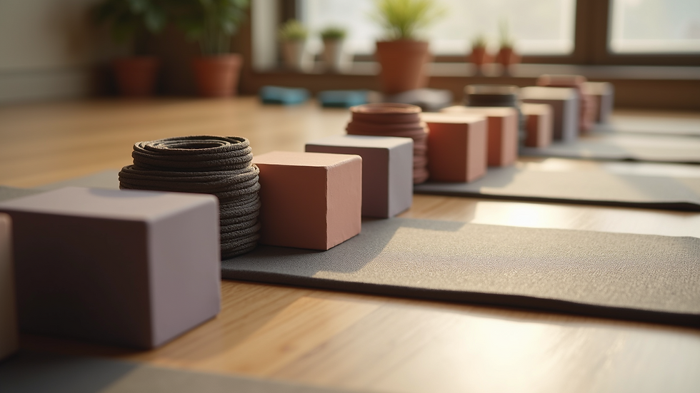 Close-up view of yoga props including blocks and straps arranged neatly