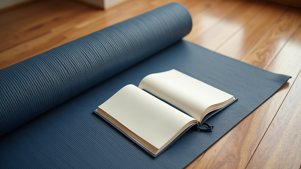 High angle view of a yoga mat and journal on wooden floor