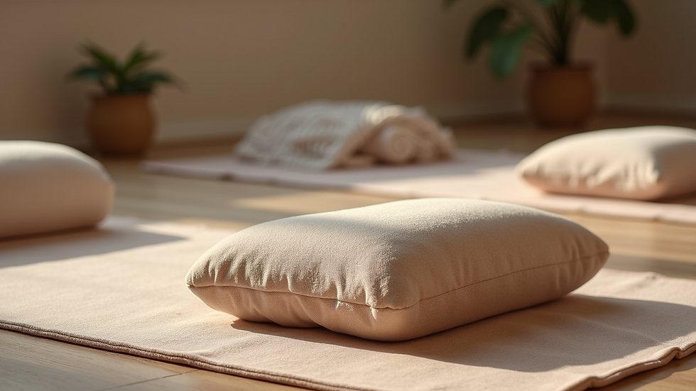 Close-up view of yoga props including bolsters and blankets arranged for a restorative session