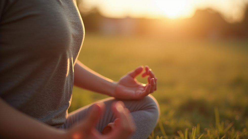 Close-up view of a person practicing mindful breathing outdoors