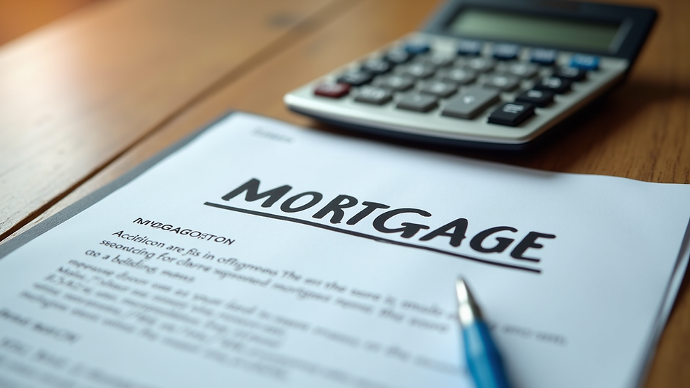 Close-up view of a calculator and mortgage documents on a wooden table