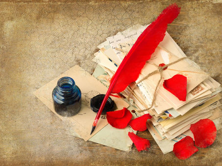 A regency-inspired quill with ink pot, letters, and rose petals symbolizing authentic entrepreneur marketing and vulnerable self-reflection.