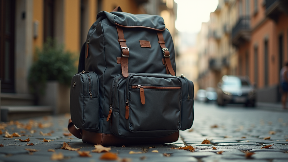 Eye-level view of a packed travel backpack with essential items