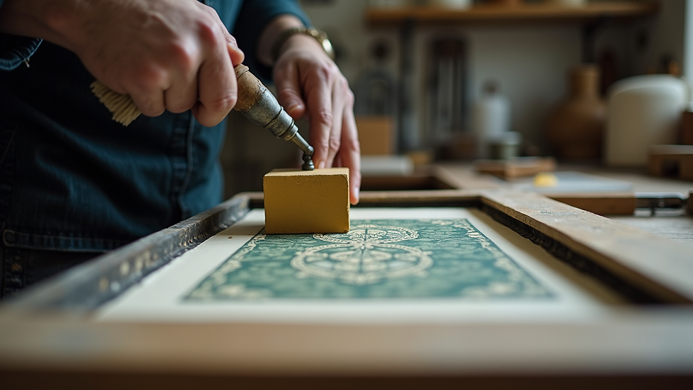 Eye-level view of a hand lino press in use with a linoleum block and paper