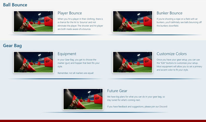 Paintball Arena Game Page Ball Bounce and Gear Bag Sections Text