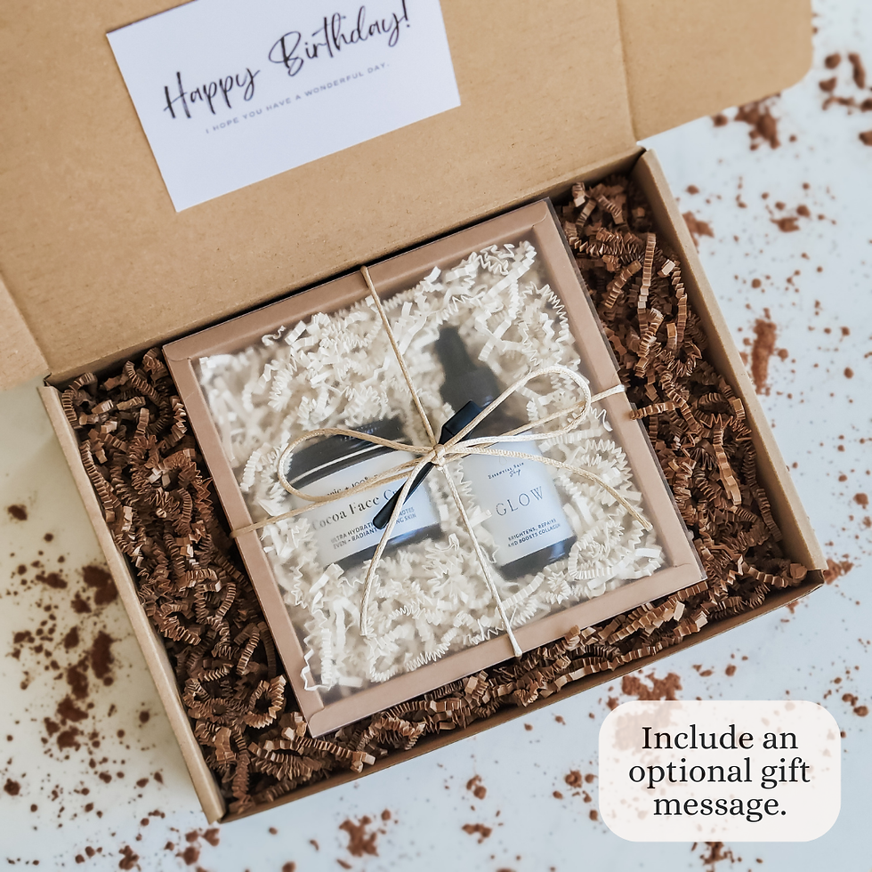Cocoa Face Cream and Glow Facial Serum laying in a square box with neutral packaging with custom card.