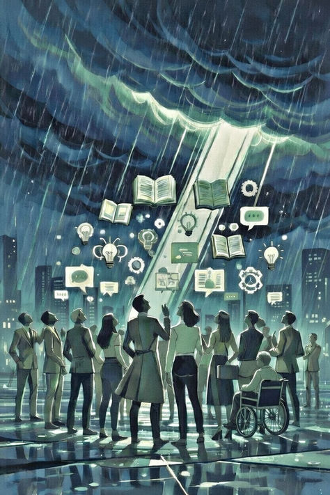 Team aus Führungskräften und Fachkräften, das in einer stürmischen Stadtlandschaft im Regen steht und gemeinsam zu Symbolen für Wissen, Austausch und Innovation in einem Lichtstrahl aufblickt. KI-Generiert