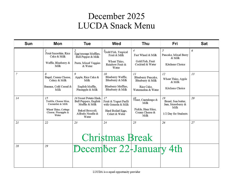 Evanston December Snack Menu 2025