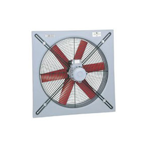 Square ventilation fan with red blades and metal wire guard, ready to install