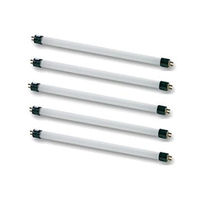 Five fluorescent light bulbs arranged diagonally on a white background