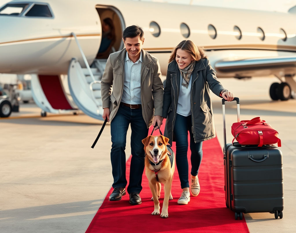 family with dog and luggage walking on red carpet at airport to private jet.jpg