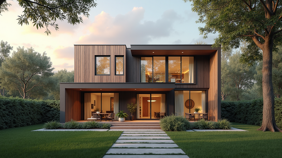 Eye-level view of a modern house exterior with wooden cladding