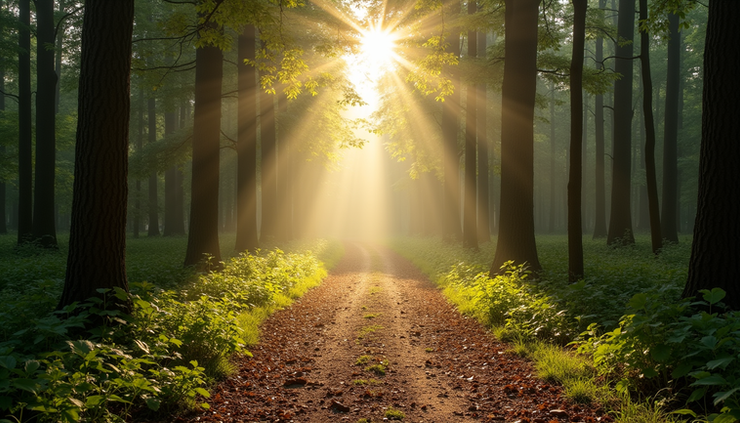 Eye-level view of a quiet path through a sunlit forest, symbolizing a journey guided by faith