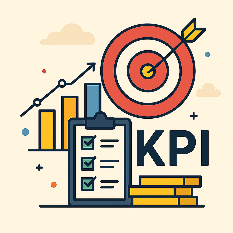 Target with arrow, rising graph, checklist clipboard, and gold bars on beige background. Text: KPI. Symbolizes growth and success.