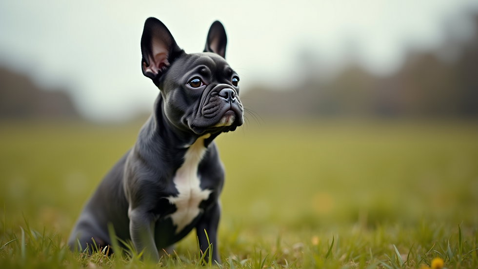Close-up view of a blue exotic French Bulldog sitting on a grassy field