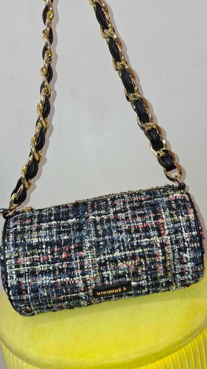 Miniatura: Borsa a tracolla con catena dorata, tessuto blu e nero, Slip on nappine.