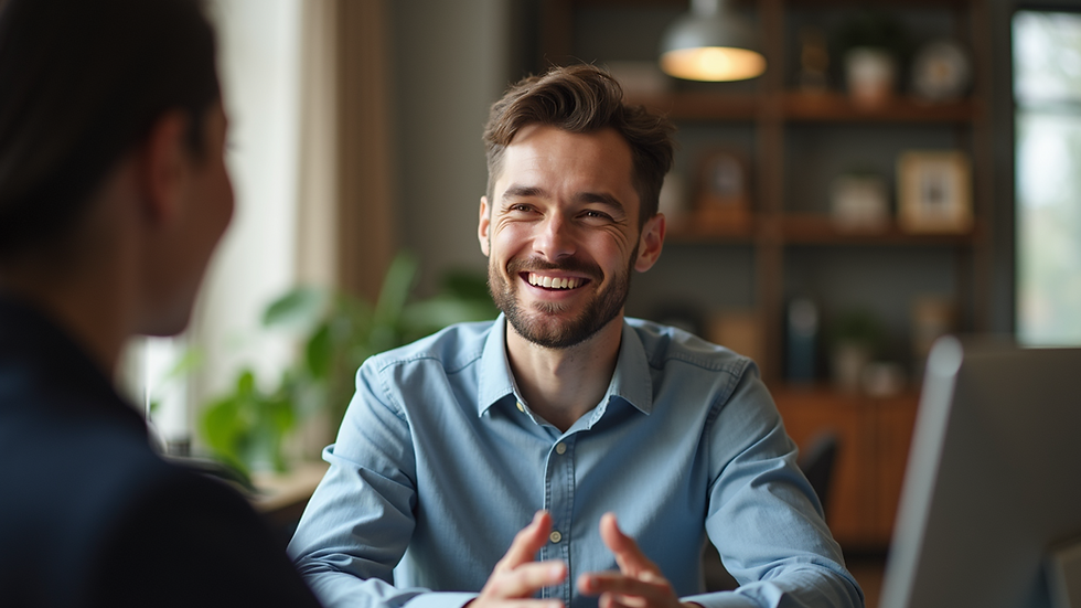 Eye-level view of a satisfied client sharing their testimonial