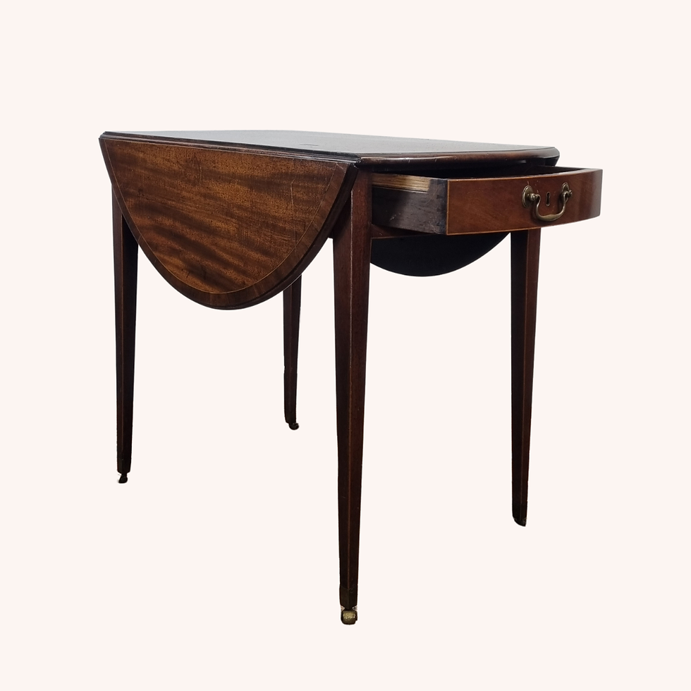 Thumbnail: Worn Victorian mahogany Pembroke table with drop leaves, single drawer and brass castors, showing heavy surface wear.