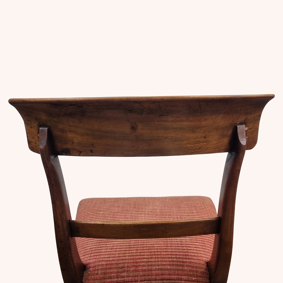 Thumbnail: Regency mahogany side chair with a curved top rail, turned front legs and a red upholstered seat.