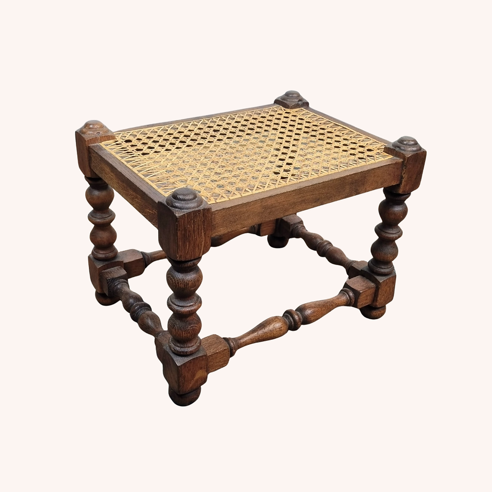 Thumbnail: Early 20th-century oak stool with cane seat and bobbin legs.