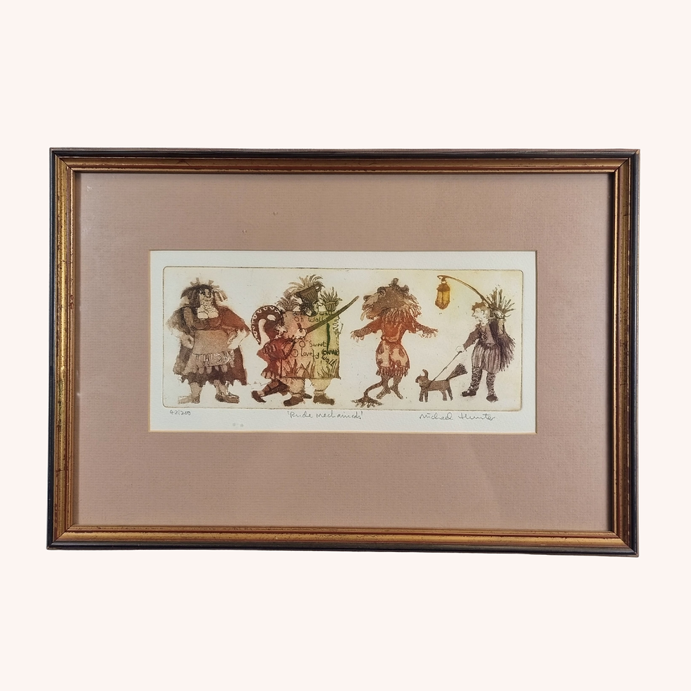 Framed Michael Hunter etching titled Rude Mechanicals, showing whimsical Shakespearean characters.