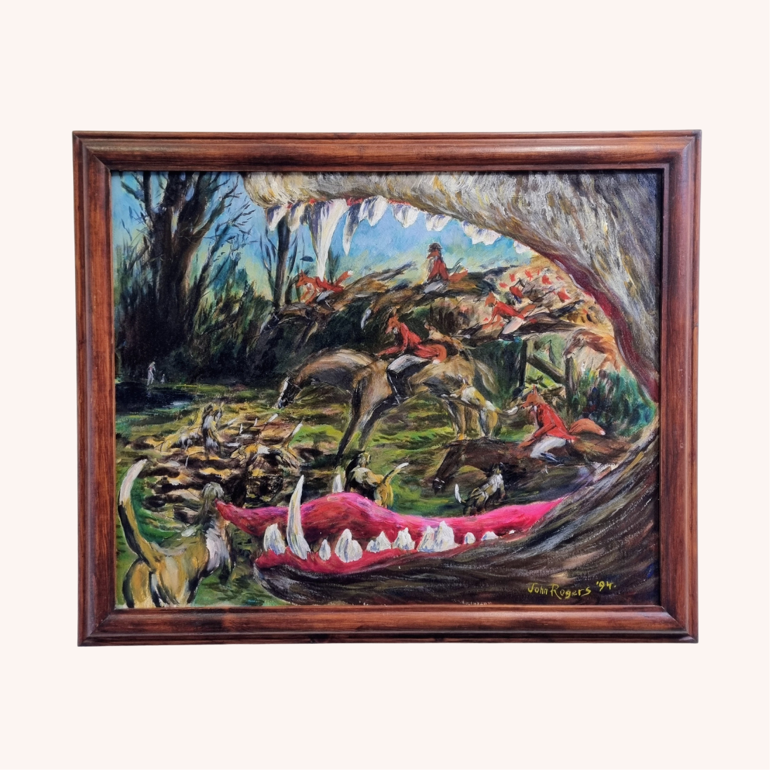 John Rogers Oil Painting Fox Hunt Scene, Signed & Dated 1994